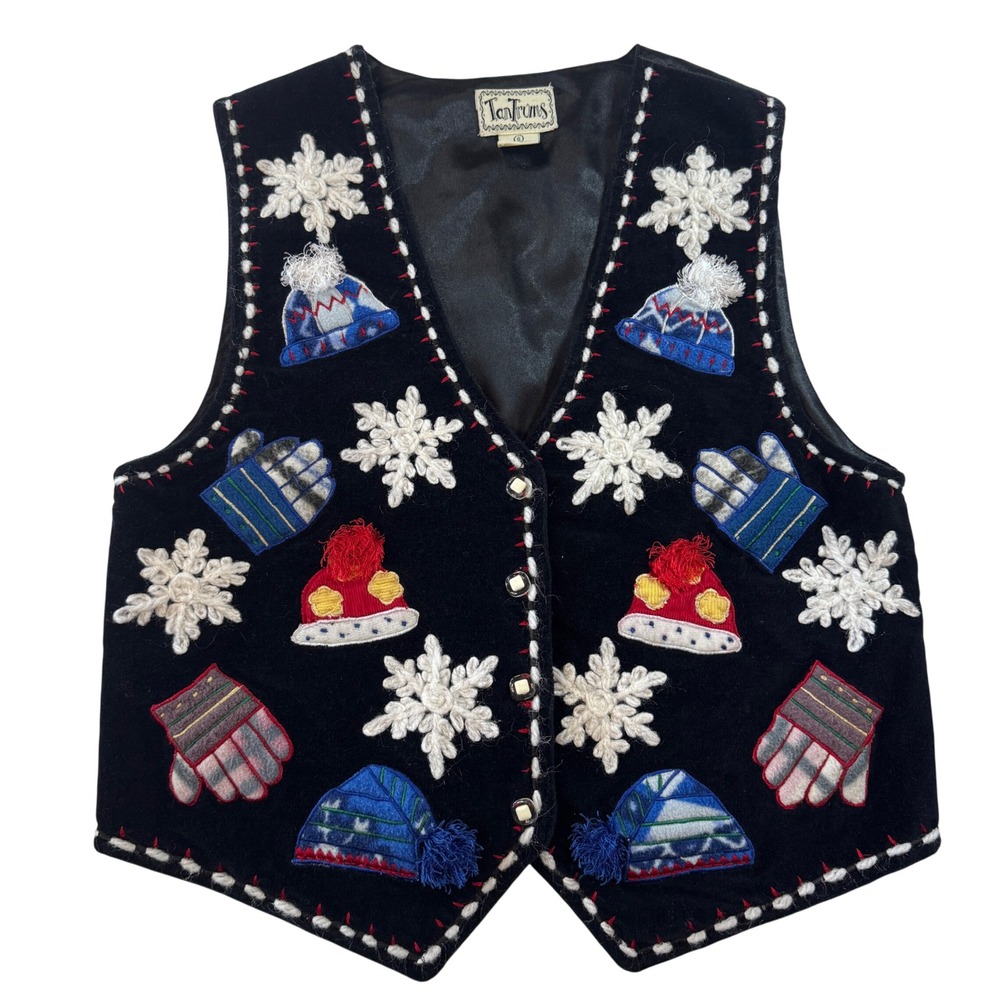 TanTrums Black Snowflake Mittens Hats Whimsical Applique Winter Vest Women's S